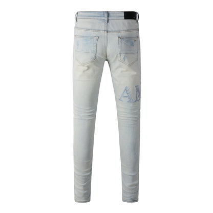 Washed Slim Fit Denim for Men Featuring Minimal Letter Patch and Mesh Layered Rip for Trendy Streetwear 8818