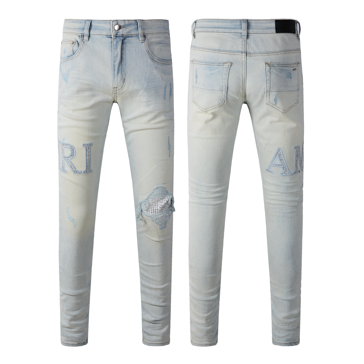 Washed Slim Fit Denim for Men Featuring Minimal Letter Patch and Mesh Layered Rip for Trendy Streetwear 8818