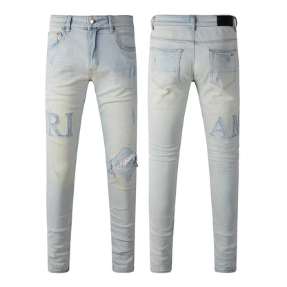 Washed Slim Fit Denim for Men Featuring Minimal Letter Patch and Mesh Layered Rip for Trendy Streetwear 8818