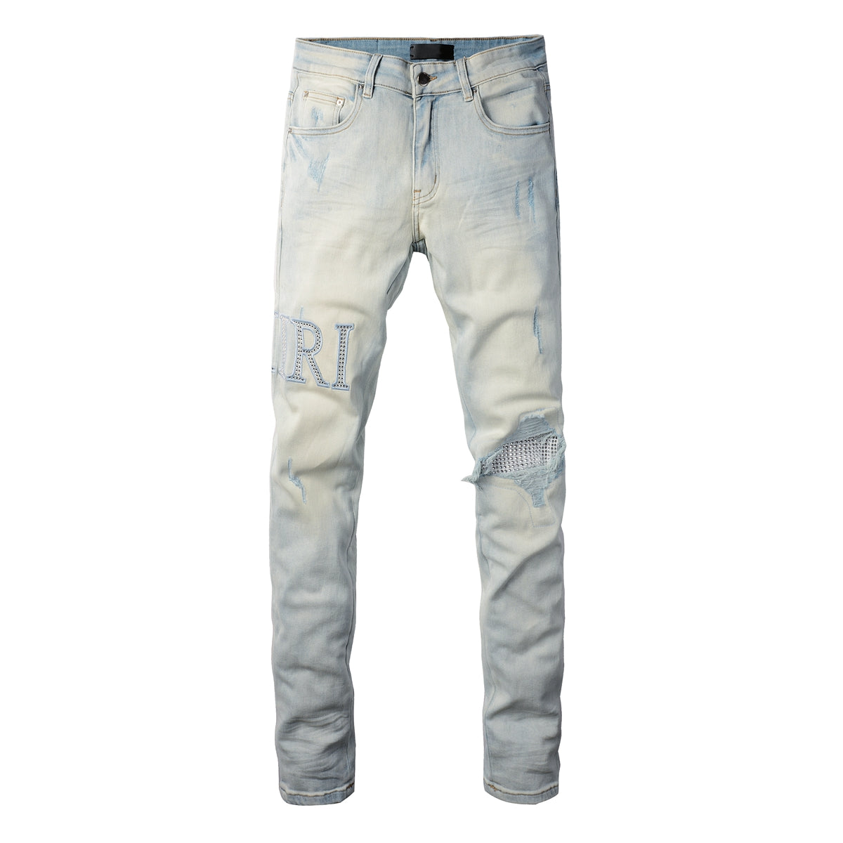 Washed Slim Fit Denim for Men Featuring Minimal Letter Patch and Mesh Layered Rip for Trendy Streetwear 8818