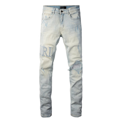 Washed Slim Fit Denim for Men Featuring Minimal Letter Patch and Mesh Layered Rip for Trendy Streetwear 8818