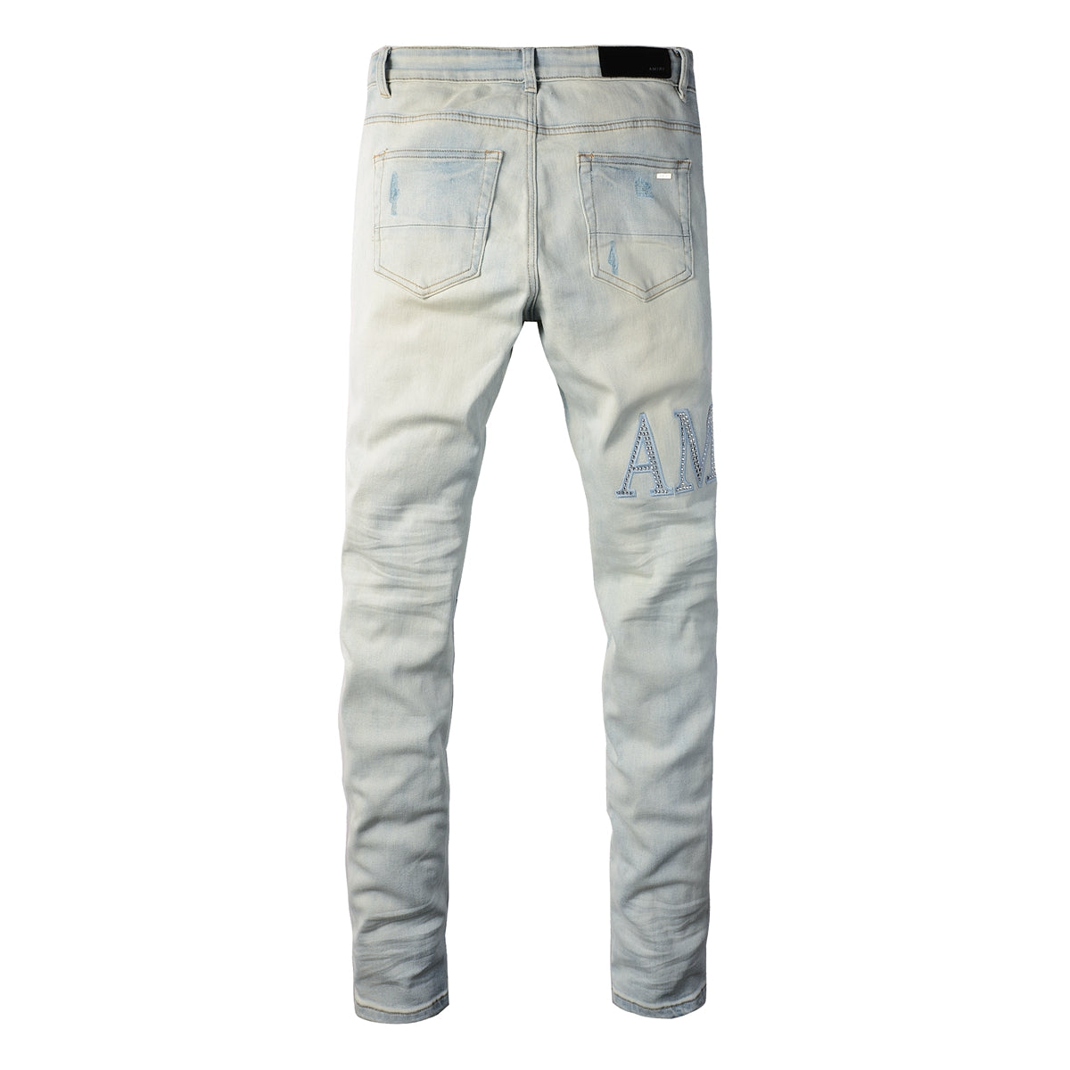 Washed Slim Fit Denim for Men Featuring Minimal Letter Patch and Mesh Layered Rip for Trendy Streetwear 8818