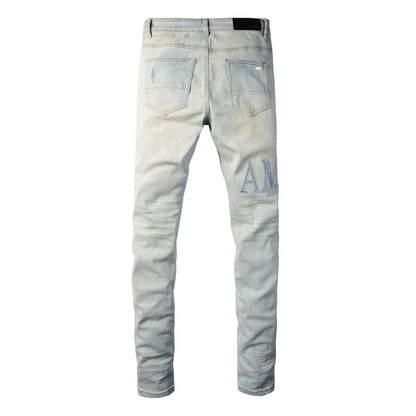 Washed Slim Fit Denim for Men Featuring Minimal Letter Patch and Mesh Layered Rip for Trendy Streetwear 8818