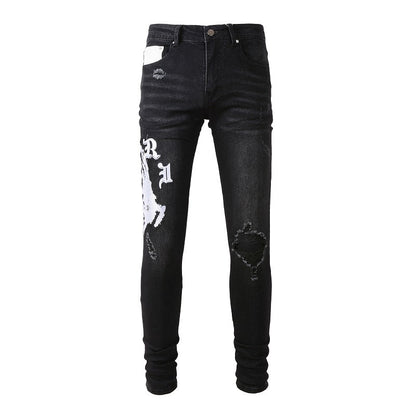 Men’s Black Skinny Jeans with Gothic Letter Print, Artistic White Graphics and Distressed Details for Streetwear Style 881