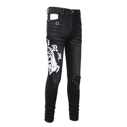 Men’s Black Skinny Jeans with Gothic Letter Print, Artistic White Graphics and Distressed Details for Streetwear Style 881