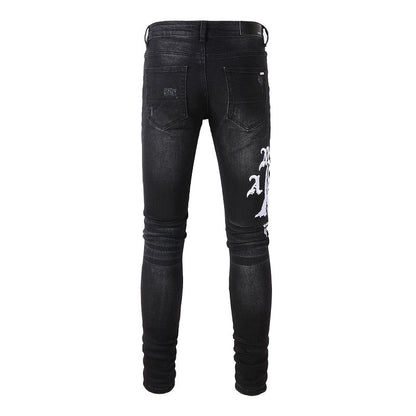 Men’s Black Skinny Jeans with Gothic Letter Print, Artistic White Graphics and Distressed Details for Streetwear Style 881