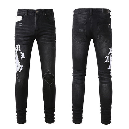 Men’s Black Skinny Jeans with Gothic Letter Print, Artistic White Graphics and Distressed Details for Streetwear Style 881