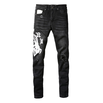 Men’s Black Skinny Jeans with Gothic Letter Print, Artistic White Graphics and Distressed Details for Streetwear Style 881