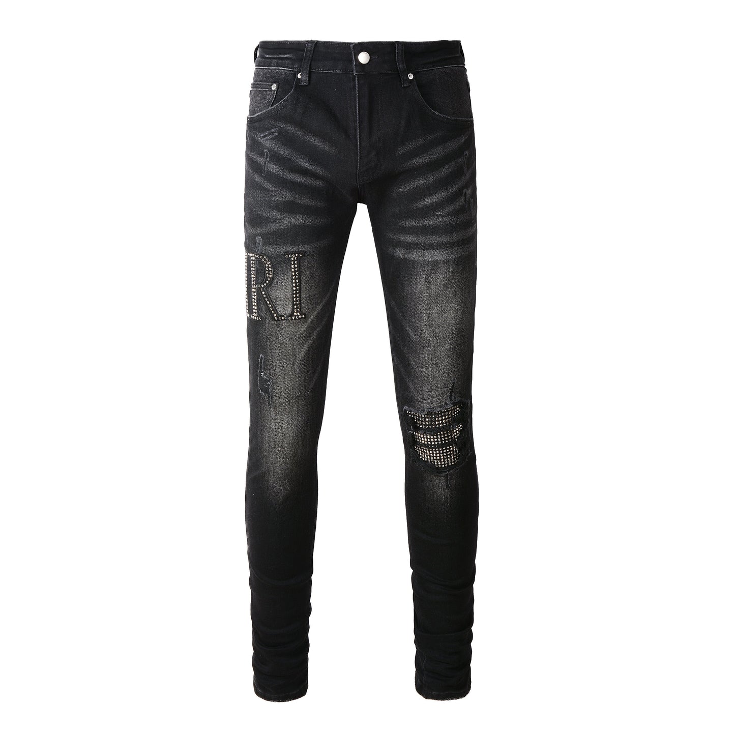 Rock-Inspired Distressed Black Jeans for Men Featuring Metallic Stud Lettering and Bold Torn Details 8823