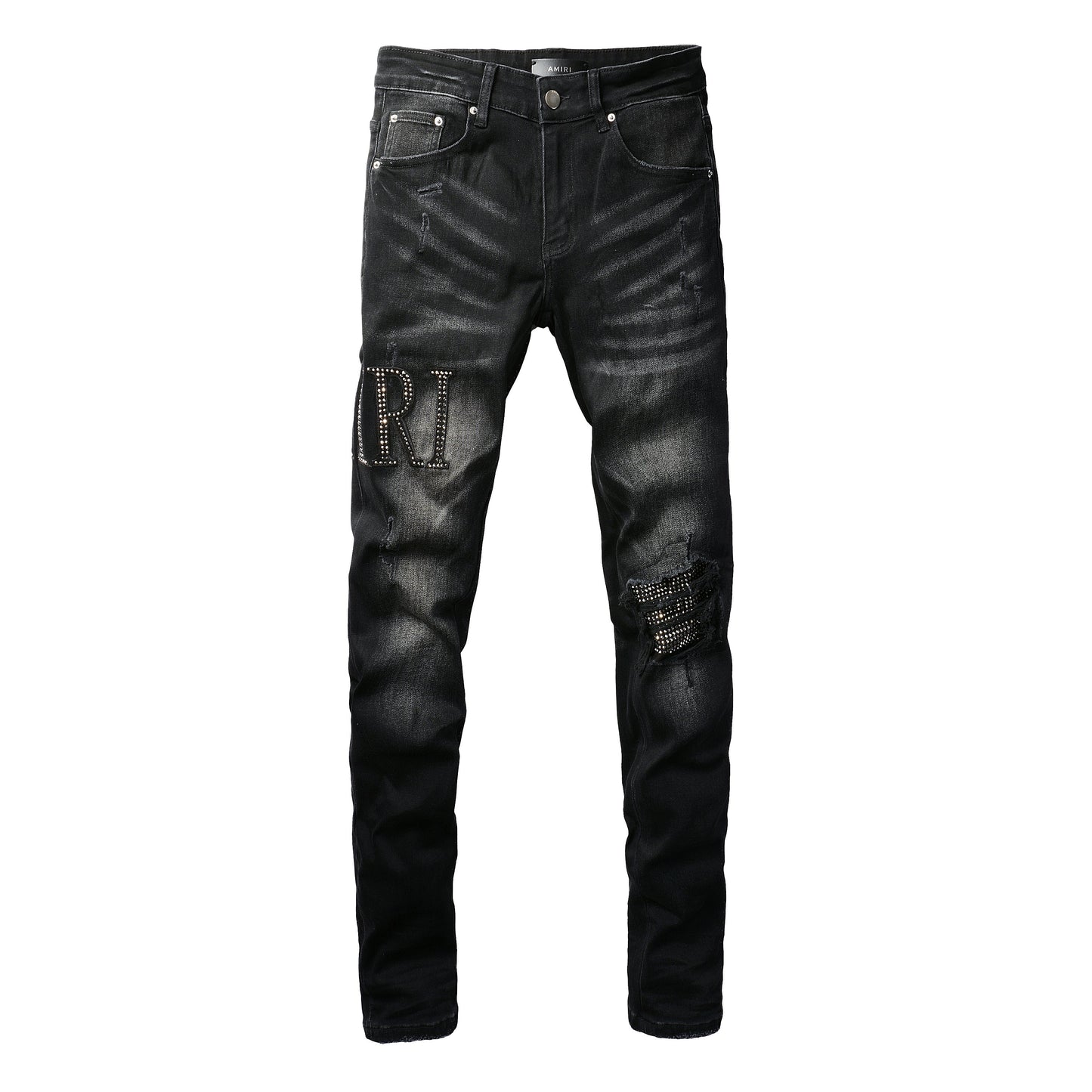 Rock-Inspired Distressed Black Jeans for Men Featuring Metallic Stud Lettering and Bold Torn Details 8823