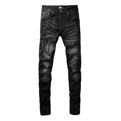 Rock-Inspired Distressed Black Jeans for Men Featuring Metallic Stud Lettering and Bold Torn Details 8823