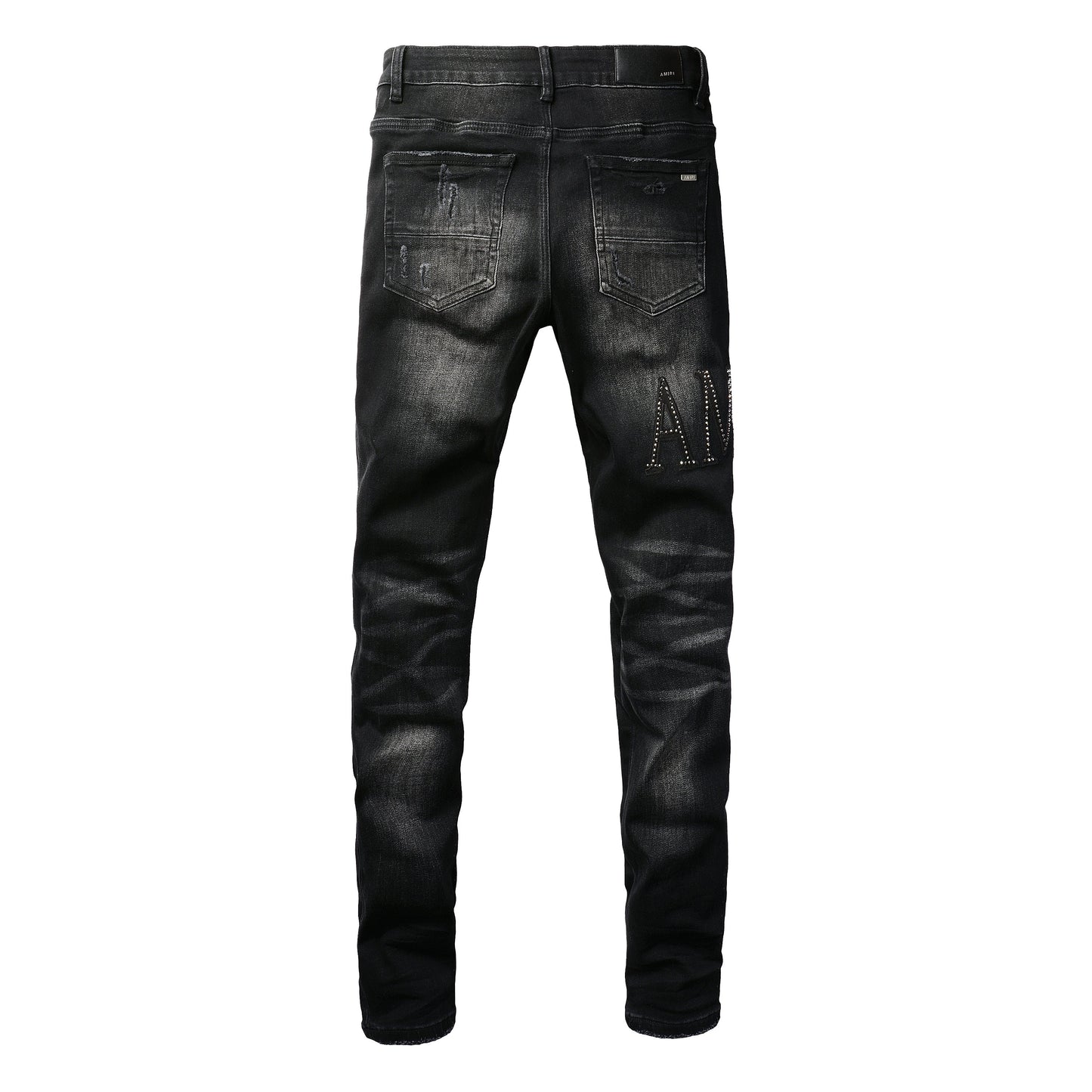 Rock-Inspired Distressed Black Jeans for Men Featuring Metallic Stud Lettering and Bold Torn Details 8823