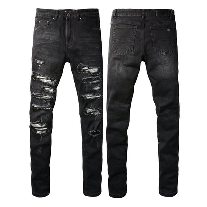 Vaqueros desgarrados de moda urbana europea y americana, pantalones elásticos ajustados de marea urbana para hombres #(891-8833)