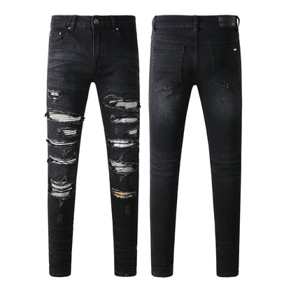Vaqueros desgarrados de moda urbana europea y americana, pantalones elásticos ajustados de marea urbana para hombres #(891-8833)