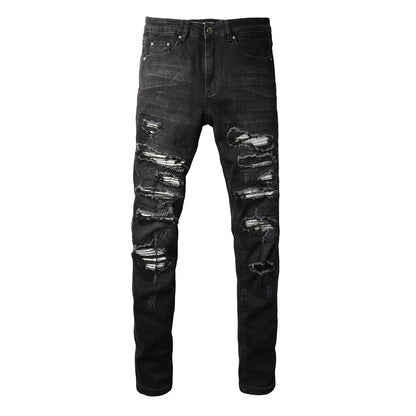 Vaqueros desgarrados de moda urbana europea y americana, pantalones elásticos ajustados de marea urbana para hombres #(891-8833)
