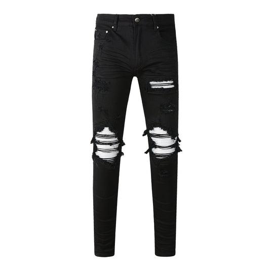 Men’s Black Ripped Skinny Jeans with Bold White Contrast Patchwork and Frayed Knee Design for Street Style (877-8837)