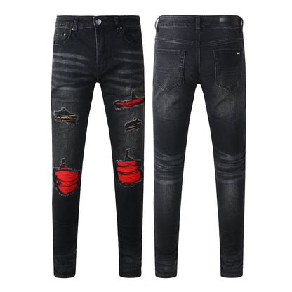 European and American Street Tide Ripped Patch Jeans High Street Trendy Men Slim Pants Jeans 886