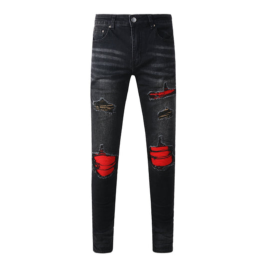 European and American Street Tide Ripped Patch Jeans High Street Trendy Men Slim Pants Jeans 886