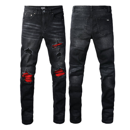 European and American Street Tide Ripped Patch Jeans High Street Trendy Men Slim Pants Jeans 886
