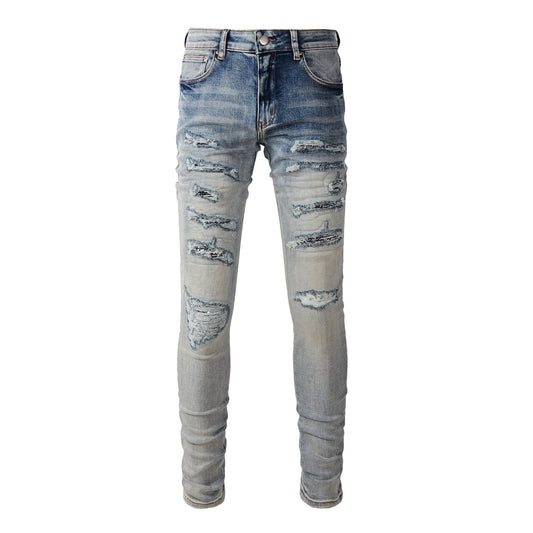 Men’s Light Blue Distressed Skinny Jeans with Full Length Rips and Gradient Washed Denim Finish 8877