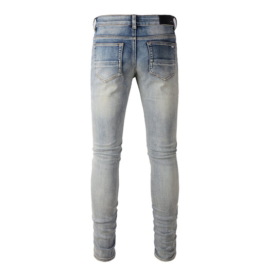 Men’s Light Blue Distressed Skinny Jeans with Full Length Rips and Gradient Washed Denim Finish 8877