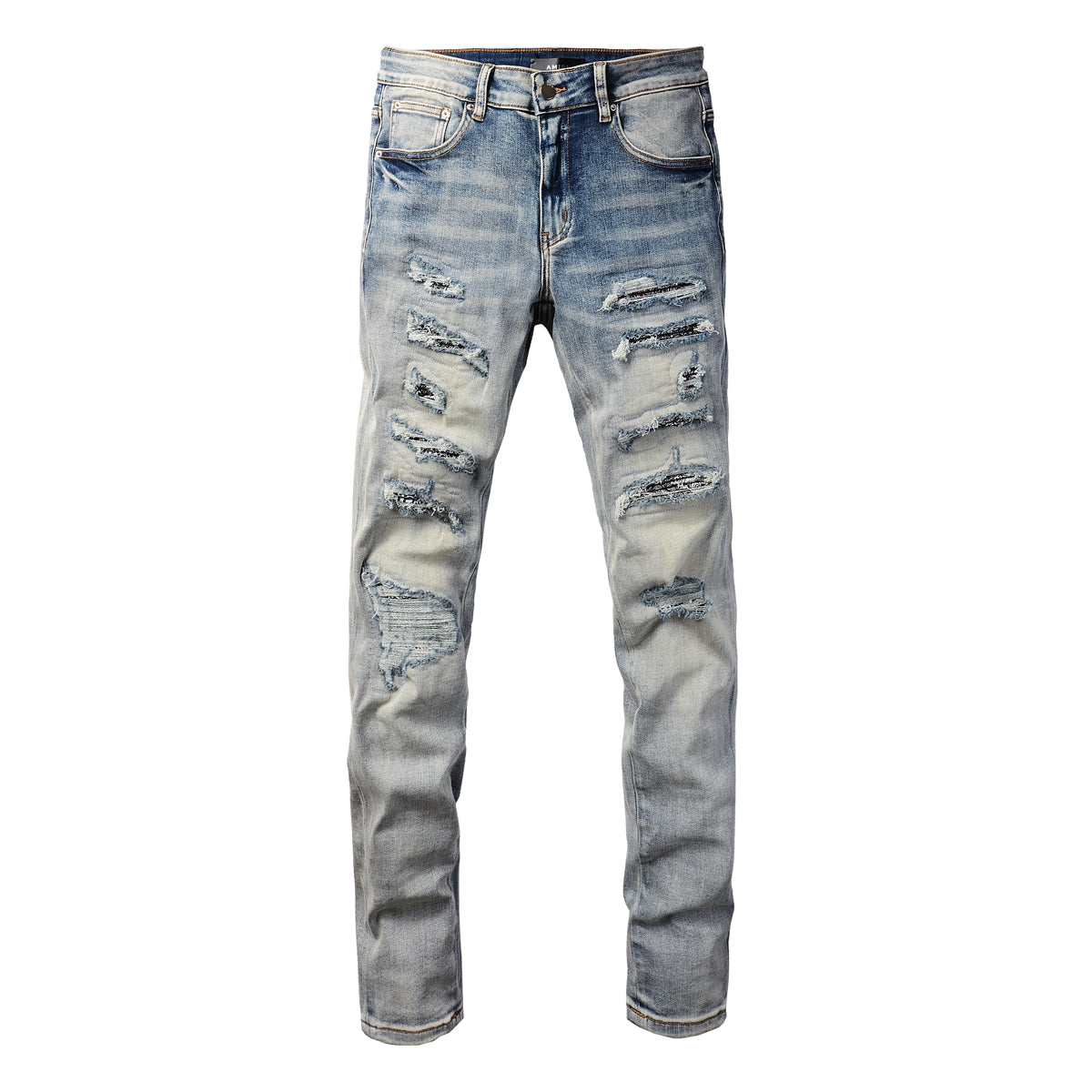 Men’s Light Blue Distressed Skinny Jeans with Full Length Rips and Gradient Washed Denim Finish 8877