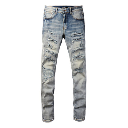 Men’s Light Blue Distressed Skinny Jeans with Full Length Rips and Gradient Washed Denim Finish 8877