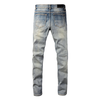 Men’s Light Blue Distressed Skinny Jeans with Full Length Rips and Gradient Washed Denim Finish 8877
