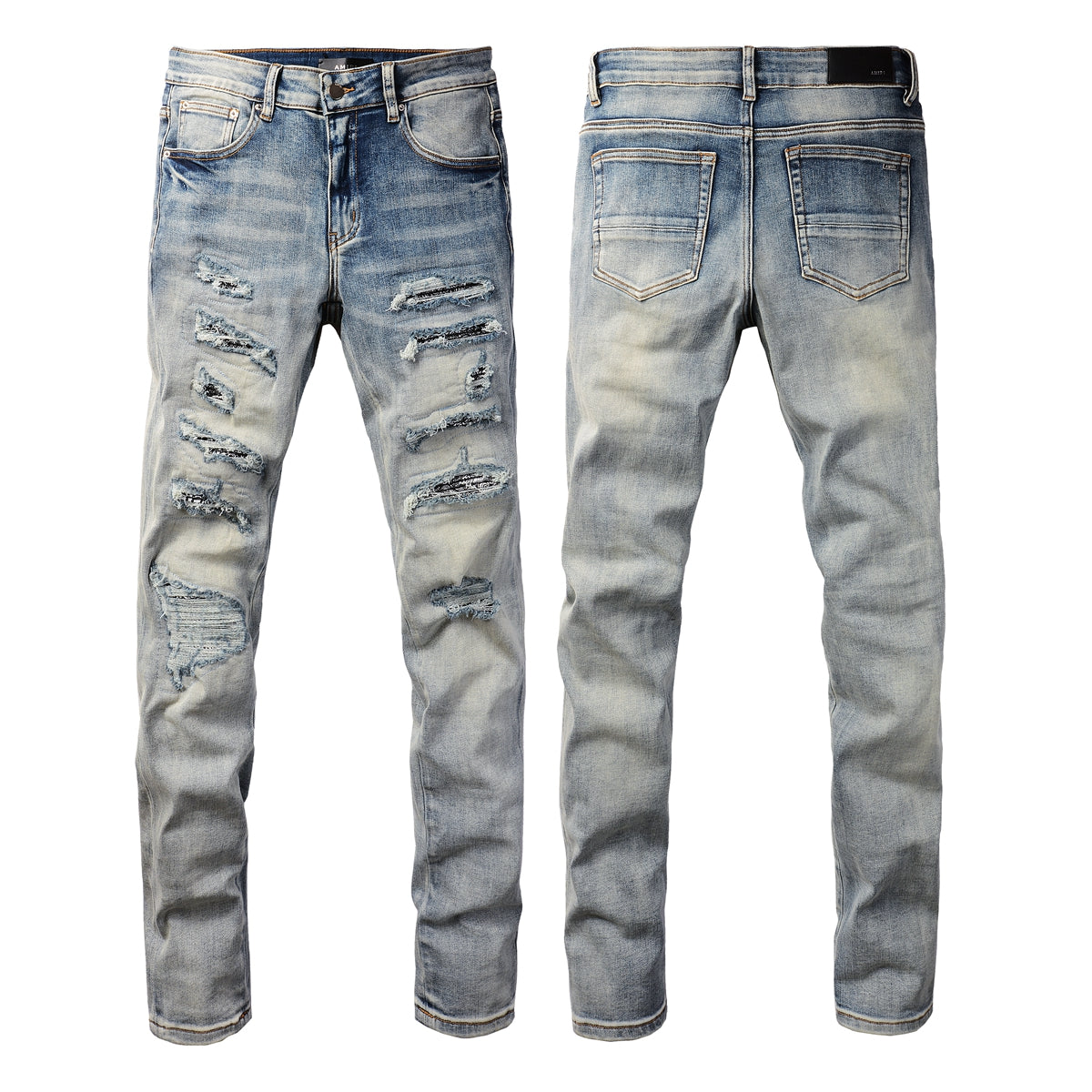 Men’s Light Blue Distressed Skinny Jeans with Full Length Rips and Gradient Washed Denim Finish 8877