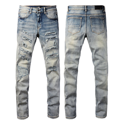 Men’s Light Blue Distressed Skinny Jeans with Full Length Rips and Gradient Washed Denim Finish 8877