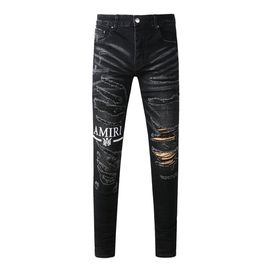 Jean skinny noir pour homme avec des déchirures prononcées et un effet délavé pour un style streetwear audacieux 8882