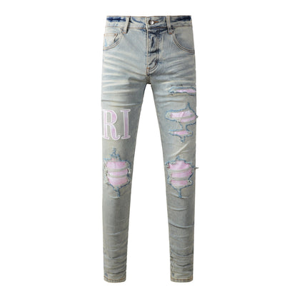Jean skinny déchiré bleu clair pour homme avec empiècements contrastants roses et effet dégradé délavé 8885