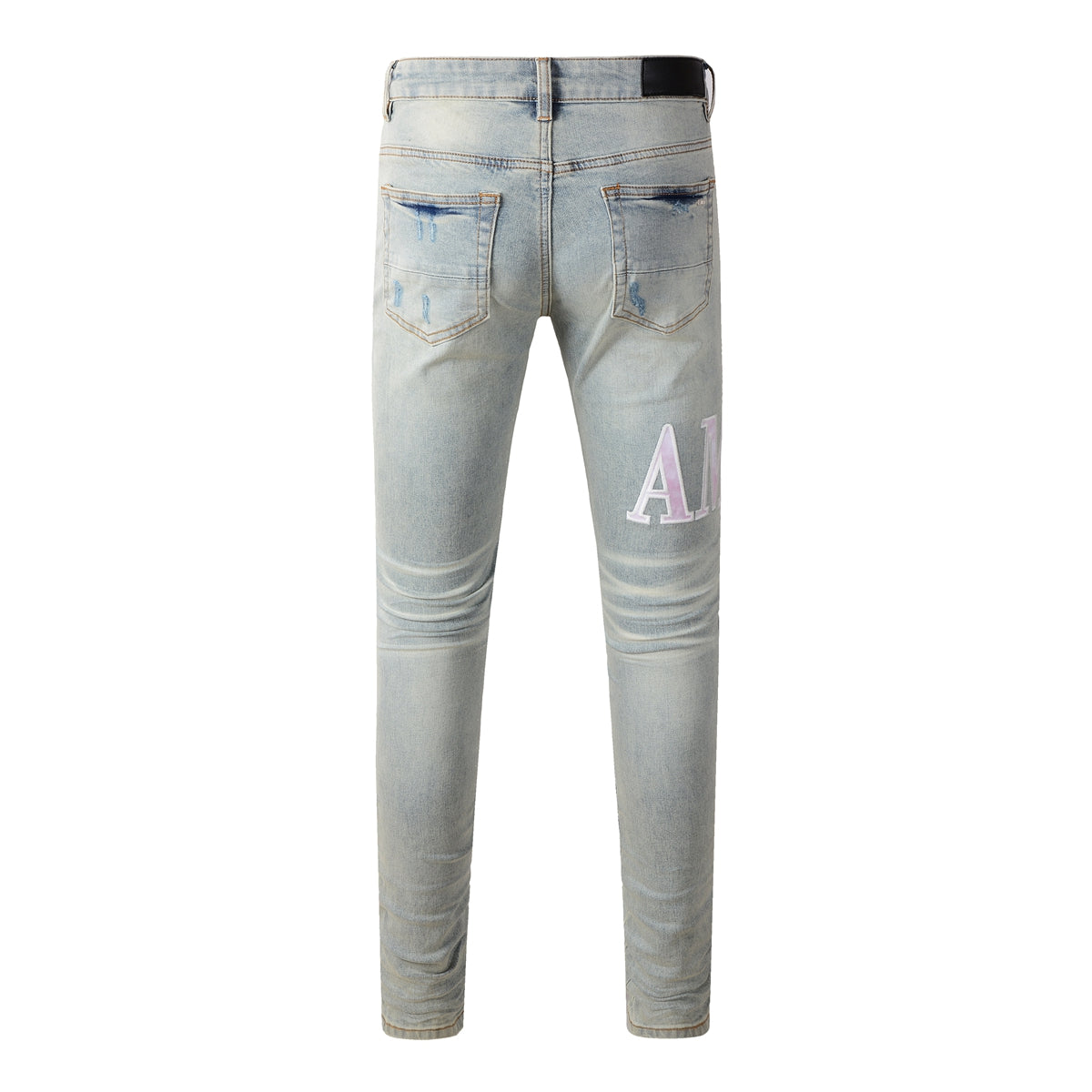 Jean skinny déchiré bleu clair pour homme avec empiècements contrastants roses et effet dégradé délavé 8885