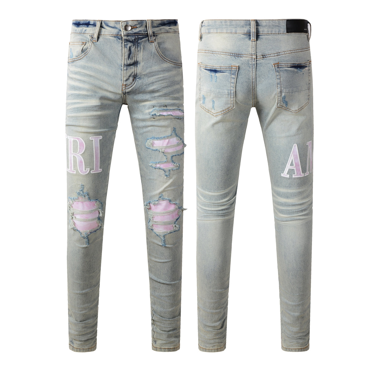 Jean skinny déchiré bleu clair pour homme avec empiècements contrastants roses et effet dégradé délavé 8885