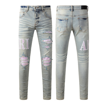 Jean skinny déchiré bleu clair pour homme avec empiècements contrastants roses et effet dégradé délavé 8885