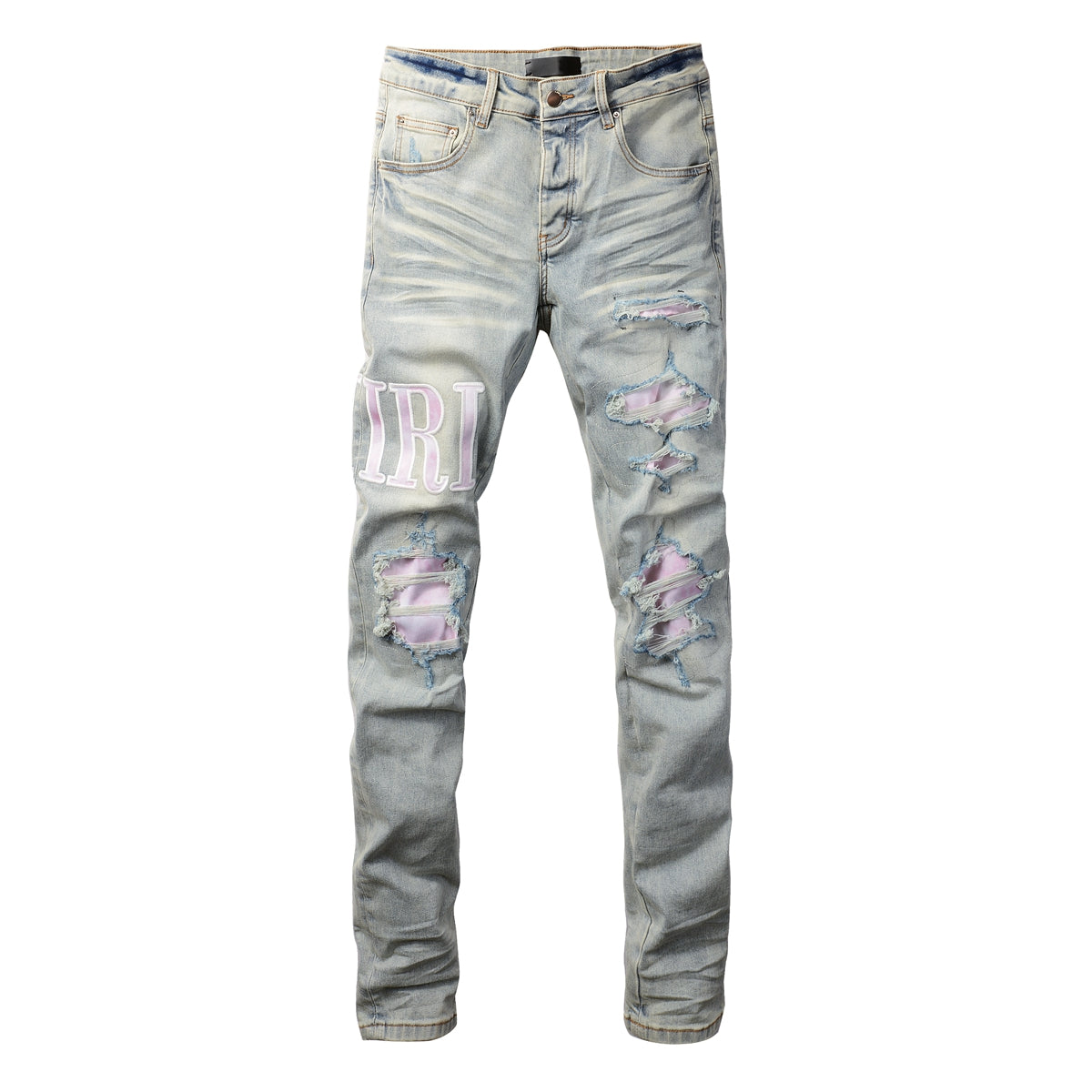 Jean skinny déchiré bleu clair pour homme avec empiècements contrastants roses et effet dégradé délavé 8885