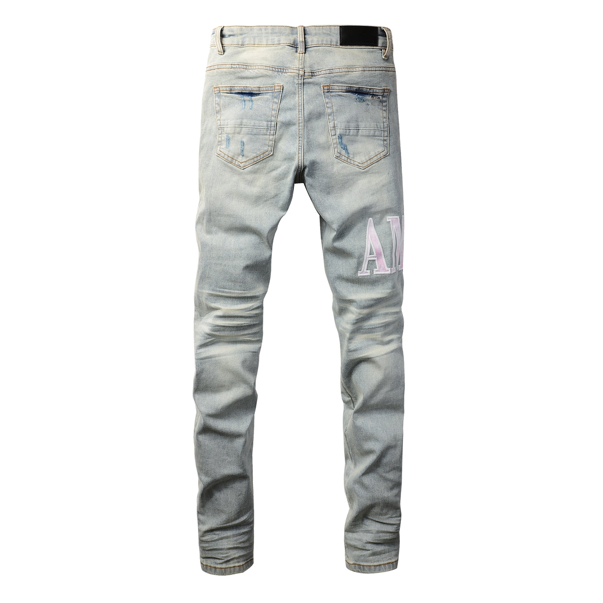 Jean skinny déchiré bleu clair pour homme avec empiècements contrastants roses et effet dégradé délavé 8885