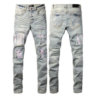 Jean skinny déchiré bleu clair pour homme avec empiècements contrastants roses et effet dégradé délavé 8885