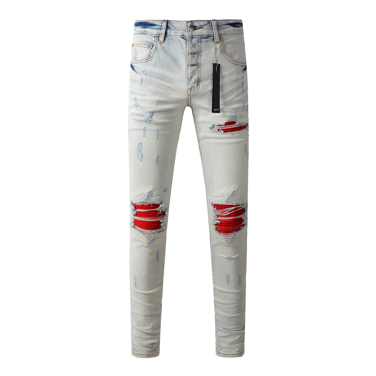 Vaqueros rasgados azul gris claro de hombre con diseño de parche rojo 8887