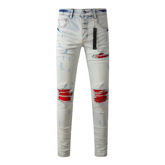 Men’s Light Grey Blue Ripped Jeans with Red Patch Design 8887