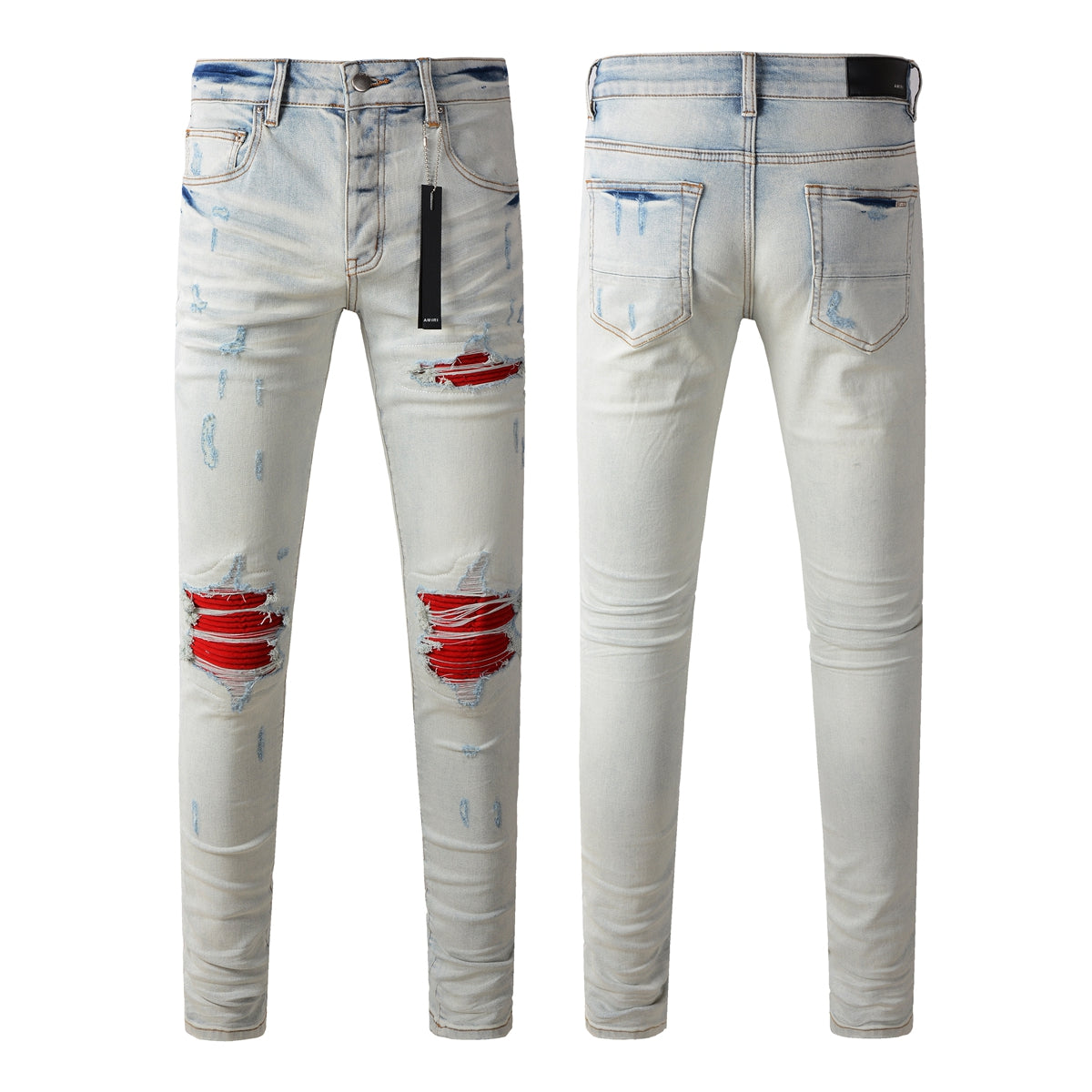 Vaqueros rasgados azul gris claro de hombre con diseño de parche rojo 8887