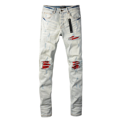 Vaqueros rasgados azul gris claro de hombre con diseño de parche rojo 8887