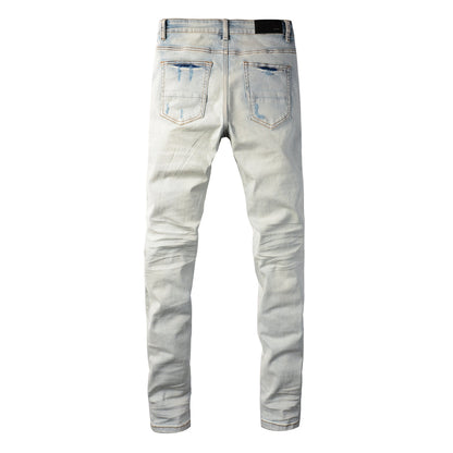 Vaqueros rasgados azul gris claro de hombre con diseño de parche rojo 8887