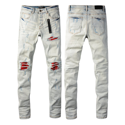 Vaqueros rasgados azul gris claro de hombre con diseño de parche rojo 8887