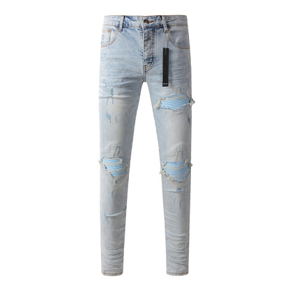 Jean skinny homme déchiré avec patchs rayés bleu clair 8890