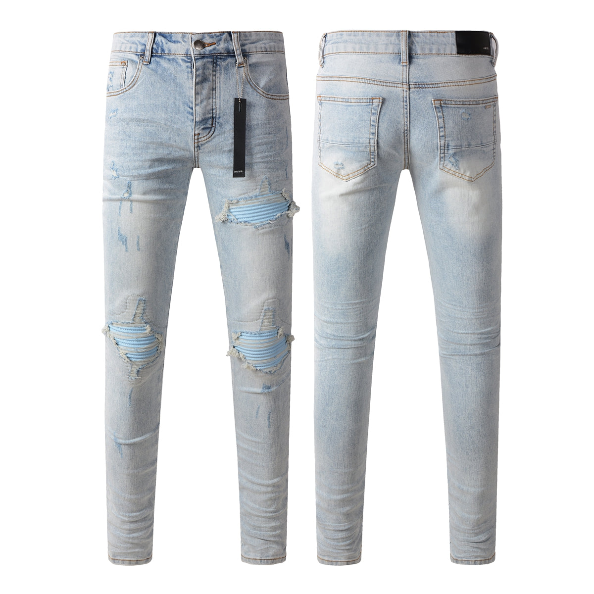 Jean skinny homme déchiré avec patchs rayés bleu clair 8890