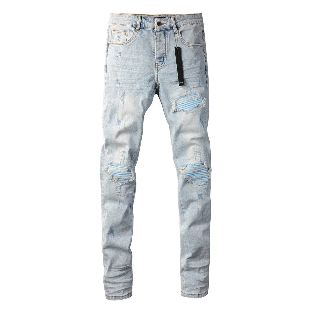 Jean skinny homme déchiré avec patchs rayés bleu clair 8890