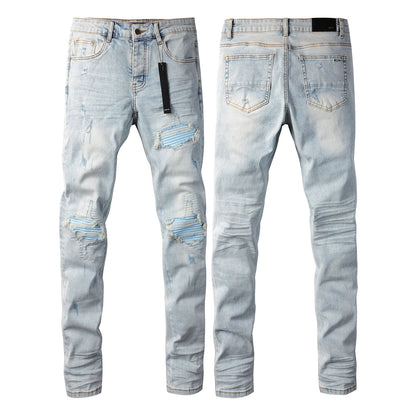Jean skinny homme déchiré avec patchs rayés bleu clair 8890