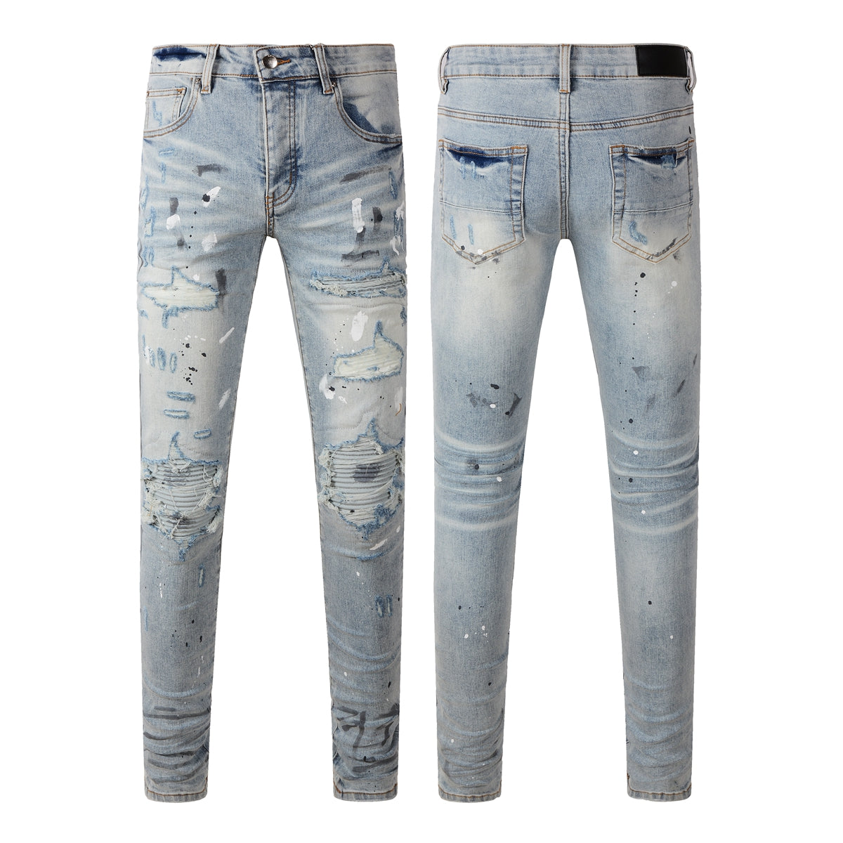 Men’s Light Blue Skinny Jeans with Paint Splatter, Heavy Rips, and Gradient Washed Effect 8899