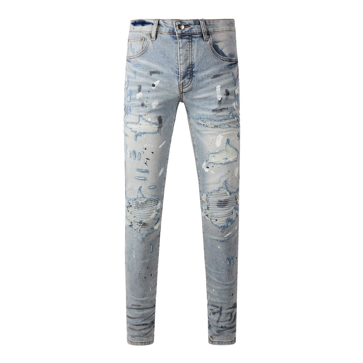 Men’s Light Blue Skinny Jeans with Paint Splatter, Heavy Rips, and Gradient Washed Effect 8899